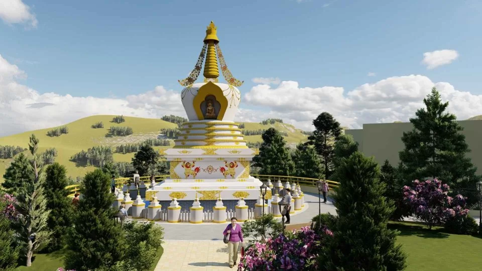 Le stoupa de la Victoire complète de Lama Zopa Rinpoché en cours de construction au monastère de Kopan.